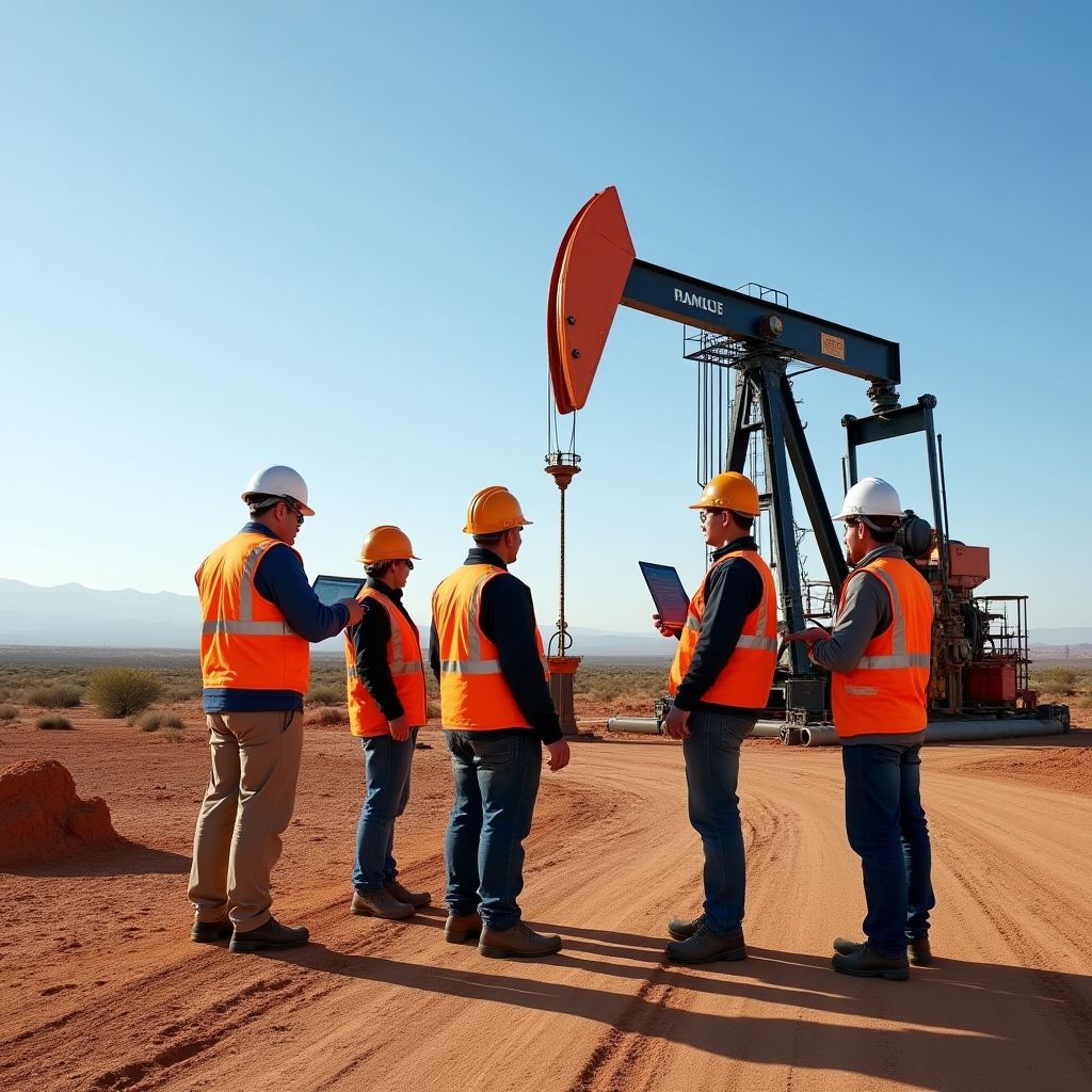 Instalación petrolera moderna en Argentina con personal trabajando